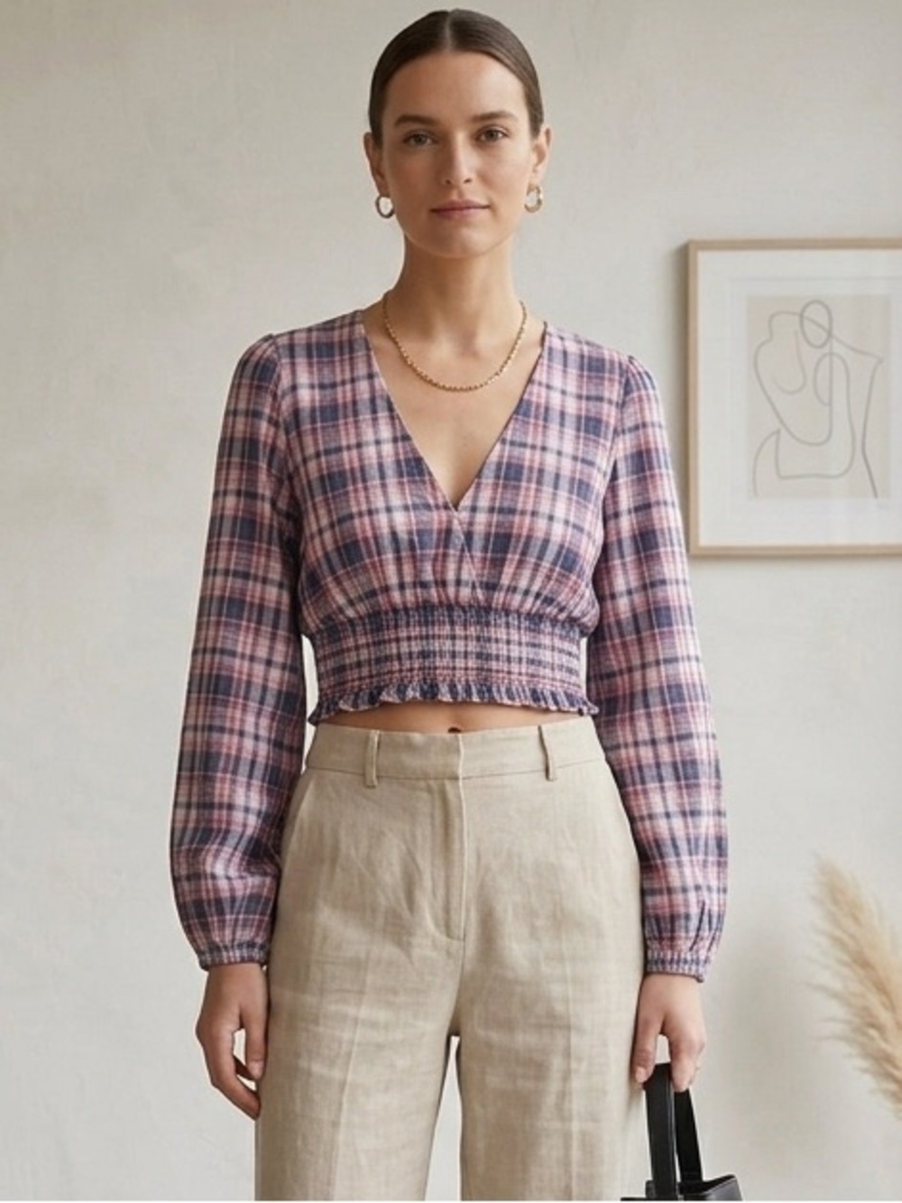 ZARA Pink Blue Plaid Seersucker Crop Top Smocked Waist V-Neck Puff Sleeve Size M